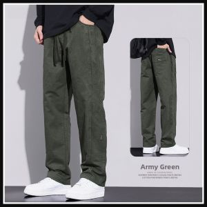Khaki Straight Leg Cotton Jeans Mens Casual Loose Fit Autumn Winter Trousers Retro American Style Woodcutting Pants
