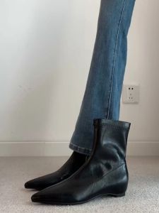 CAIZINI | Leather Pointed Toe Hidden Heel Side Zip Elastic Skinny Short Boots