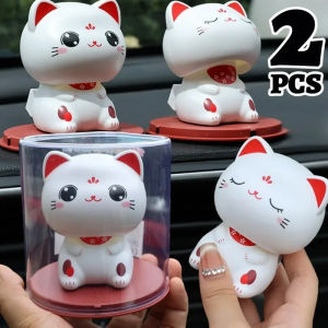 2PCS Solar Lucky Cat Car Ornaments Car Dashboard Center Console Cute Fortune Cat Nodding Ornament Car Interior Decoration Accessories