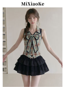 Retro Plaid Sleeveless Vest Dress Set
