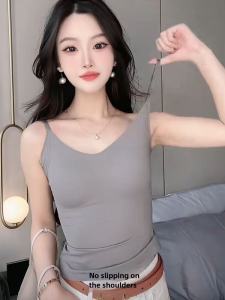 2024 Summer New Fashion Ice Silk V-neck Womens Tank Top Seamless Nude Feel Strapless Vest Versatile Style Pure Color