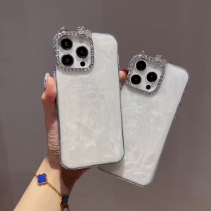Diamond Frame White Case for iPhone 11 12 13 14 15 16 17 Pro Max Plus Air Casing Anti-Drop Adhesive Soft Cover for iPhone 17 Case
