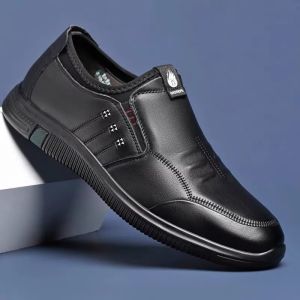 New 2025 Autumn Casual Slip-On Work Leather Shoes Mens Breathable Anti-Slip Comfortable Rubber Sole round Toe Plain Color