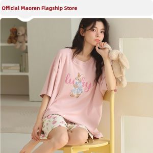 MiiOW | Summer Cotton Cartoon Padded Shorts Sleeved Shorts Sleepwear Set Outdoors Wearable