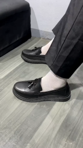 SHUTA Korean style mens rubber black tassel loafers | Casual formal easy slip-on black shoes