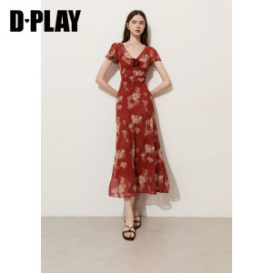 D-PLAY | Đầm Biển Đỏ Ôm Sát Dáng Dài Tay Voan Cổ V