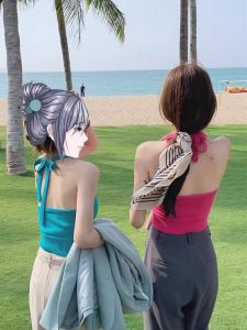 หวาน สไตล์โบฮีเมียน ชายหาด เดรส สูง เอว กระโปรงทรงเอ ฤดูร้อน เสื้อผ้าท่องเที่ยว ปมผีเสื้อ เสื้อท่อนบน บล็อกสีสั้น เดรส