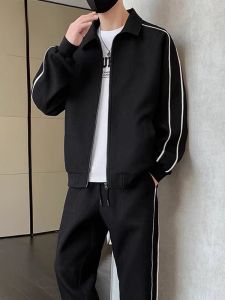 ROMON | Romon Mens Casual Sportswear Set Trendy Handsome Collared Jacket Long Pants Two-Piece Suit Polyester Fiber Long Sleeve