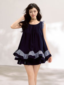 KEIKO | Girly Dark Blue Ruffled Sleeveless Lyocell Shirt
