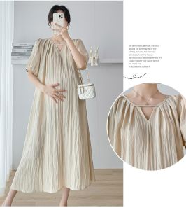 Summer New French V-neck Dress Pregnant Women Puff SLeeve Loose Plus Size Dress Long Style Maternity Dress