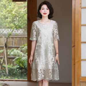 Elegant round Neck Lace Dress Lightweight Midi Length for Mom Summer Fashionable Mid-Aged Womens Clothing Polyester Fiber