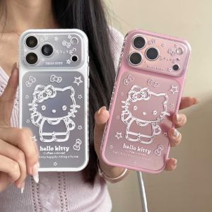 Sanrio | Cute Cartoon Pink Silver Bottom Star KT Head Phone Case for IPhone 15 Pro 16 17 Pro Max Shockproof Camera Protective Back Cover