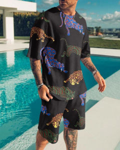 3D Printed round Neck Vest Set Sports Fashion Urban Style Short Sleeve Loose Fit Youth Casual Wear Beach Scene Printed T-Shirt