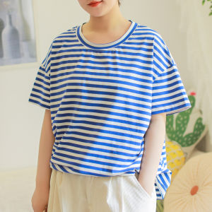 Loose Cotton Striped Short Sleeve T-Shirt round Neck Casual Style Summer New Arrival for plus Size Women Comfortable Breathable