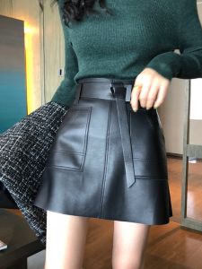 New High-Waist Black PU Leather Short Skirt A-Line Workwear for Women with Ming Line Decoration Large Size Slimming Style Autumn Winter