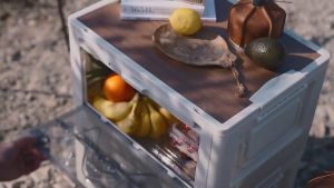 45L Outdoor Foldable Storage Box With LED Lamp Stackable Camping Storage Box With LED Lighting Wooden Cover Can Use As Picnic Table