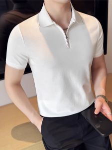Color Block Stripe Half Zip Cotton Casual Short Sleeve Polo Shirt Mens Summer High Quality Turn Collar T-Shirt Business Casual