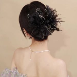 Korean Black Fabric Feather Bow Clip Double-sided Beads Fashion Girls High-end Flower Hair Accessories for Women
