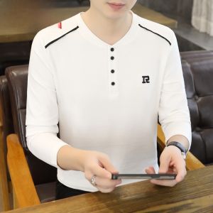 HENGYUANXIANG | Casual Long Sleeve V-Neck Sweatshirt Mens Fashion Spring New Style Slim Fit Polo Shirt Comfortable Breathable Polyester Cotton Blend
