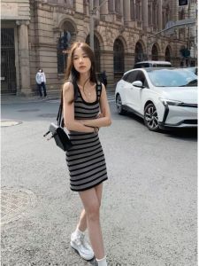Korean Chic Retro Striped Vest Dress Womens Summer New Slimming Waist Cinched Short Size Vest Dress No Sleeve Ins Style