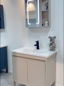 60 80CM Cream Aluminium Bathroom floor-standing washbasin cabinet Set Storage Mirror box with Ceramic toilet wash basin