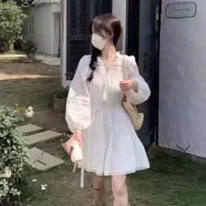 NIUVIES | Váy Sơ Mi Tay Dài Màu Trắng Phong Cách Pháp