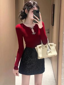 SHANGSHA | Unique Red Bowknot Knit Top