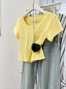 Basic Yellow U-Collar Pure Cotton Shoulder Short Sleeve T-Shirt Womens Summer Stylish Niche Style Small T-shirt Short Tops