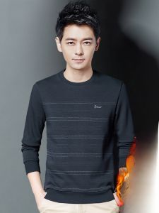 ROMON | Lomond Mens Fleece Lined Hoodie Spring Autumn Loose Round Neck Striped Long Sleeve T-shirt Base Shirt Casual Fashion Top