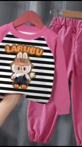 Setelan labubu salur anak perempuan baju anak perempuan import pakaian harian oneset cargo usia 4-12 tahun