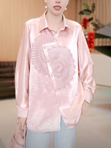 Pink Satin Loose Womens Shirt Inner Wear Fashionable Age-Defying Oversize Slimming Asymmetrical Design Top for Autumn