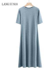 Knee-Length Pure Cotton Solid Color Simple Summer New Style Korean round Neck Slimming Short Sleeve Long Dress for Women