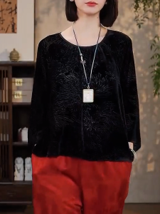 QINGNAER | Lazy Stylish Lattice Velvet Womens T-shirt