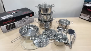 Bộ nồi chảo inox siêu bền 18 món – Bộ dụng cụ nấu nướng gia đình (Bao gồm các nồi súp kích cỡ 16–26cm)