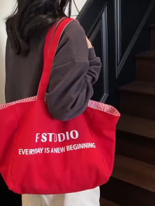 CR_ Túi Tote vải xinh túi Canvas sọc 2 mặt dung tích lớn đeo hằng ngày phong cách Hàn Quốc trẻ trung