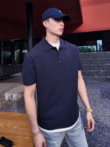 Dark Blue Short Sleeve Mens Polo Shirt Ice Silk American Retro Shoulder T-Shirt Heavyweight Summer Casual Polyester Fiber