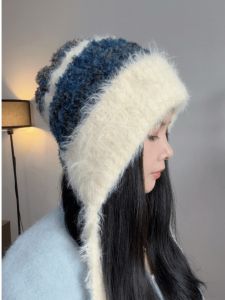 Japanese Style Ear Warmer Furry Knitted Hat Womens Warm Cold Proof Small Face Design Soft Cap Casual Style Autumn Winter