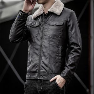 ROMON | Romon Mens Leather Jacket Slim Fit Fur Collar American Biker Style PU Fabric Zipper Closure Fashion Urban Short Length