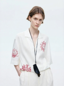 edition | Embroidered Linen Short Sleeve Shirt for Women