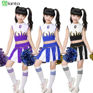 LOlanta ชุดเชียร์ลีดเดอร์ชุดกระโปรงมีจีบชุดเชียร์ลีดเดอร์สำหรับเด็กผู้หญิง4ชิ้นพร้อมถุงเท้าปอมปอมเครื่องแบบนักเรียนอายุ5-14ปี