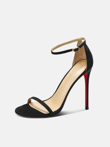 รองเท้าแตะส้นสูงแบบสวมหัวสไตล์เซ็กซี่สำหรับผู้หญิงในช่วงฤดูร้อนปี 2025 สีดำ หนังนิ่ม สายรัดข้างเดียว ยาง