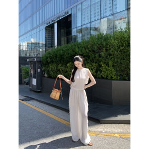 Relaxed Lace Trimmed Sleeveless Blouse and Beaded Waist Stretch Pants Set