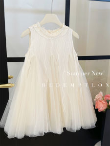 Princess Style Summer Dress for Girls Sleeveless Vest Skirt Ruffle Collar Cotton Fabric Butterfly Knot Puffy Skirt Childrens Clothing