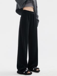Black High Waist Corduroy Wide Leg Pants Womens Autumn Winter New Style Fleece Lined Straight Casual Pants Commute Style