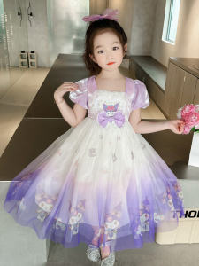 ชุดเดรสกระโปรงทรงเอคอเหลี่ยมแขนสั้นฤดูร้อนสำหรับเด็กผู้หญิงสไตล์เจ้าหญิง ชุดการแสดงลำลอง เสื้อผ้าเด็กผู้หญิง