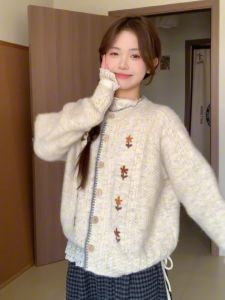 Soft Cozy round Neck Embroidered Open Cardigan Sweater Womens Autumn Winter Style Lazy Fashion Top Korean Loose Knitted Long Sleeve