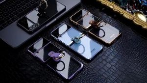 Hard Case Kompatibel Untuk Samsung Galaxy Z Flip 5 Z Flip 4 Z Flip 3 Premium Phantom Plating Clear Ring Buckle Hard Mobile Phone Case Cover With Ring and Tempered Glass