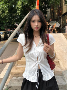 Áo Sơ Mi Nữ Tay Ngắn Ren Viền Thắt Nơ Pure Desire Slim Fit White Top Thiết Kế Độc Đáo Áo Sơ Mi Nữ Mùa Hè 2025