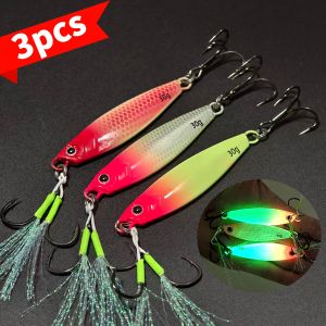 3PCS 30g Luminous Far Throw Iron Plate Lures Double Hook JIG Sea Fishing Spanish Mackerel Shore Casting Glow Metal Baits