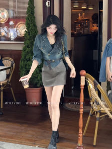 High Waist Denim Shirt Long Sleeve Turn-down Collar Womens plus Size Fashion Set with Bodycon Mini Skirt Retro Hong Kong Style